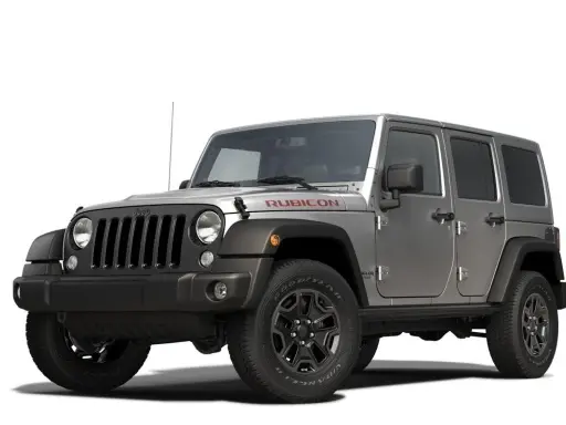Un coche Jeep Rubicon plateado, listo para la aventura, con la palabra "Rubicon" en rojo sobre el capó.