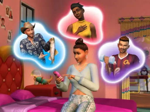 Sims 4 aktualizacje: dziewczyna myśli o randkach z różnymi Simami, jeden z wędką, drugi z hantlem, a trzecia Simka w żółtej bluzce.