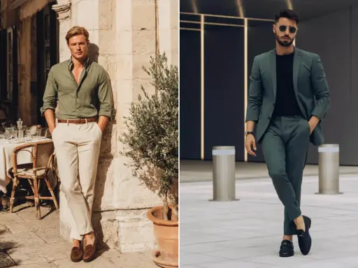 Two men showcase stylish outfits. One wears a green shirt with cream pants, demonstrating colors that go with green for a casual look. The other sports a green suit, proving green's versatility.
