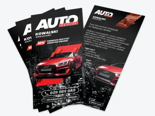 Projekt ulotki online dla Auto Serwis Kowalski. Czerwony sportowy samochód na tle nocnego miasta. Oferta 10% zniżki na pierwszą wizytę.
