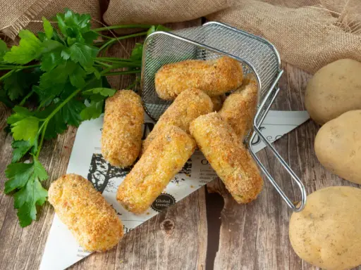 Crocchette di patate in friggitrice ad aria, dorate e croccanti, pronte per essere gustate. Accanto, patate fresche e prezzemolo.