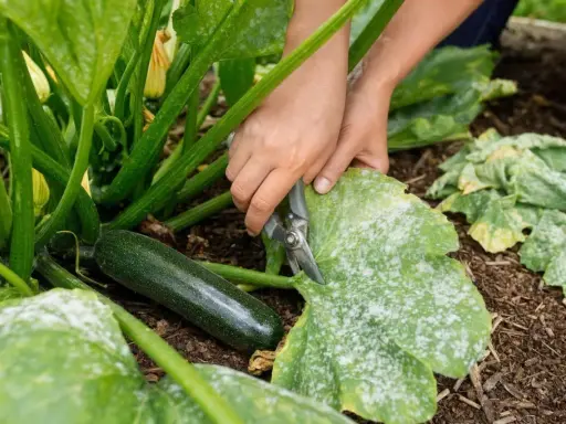 Mains coupant une feuille blanche de courgette atteinte de mildiou. Une courgette verte est visible à côté.