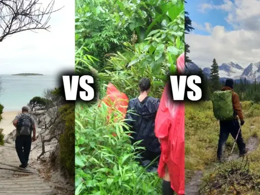 Trzy sceny: człowiek na plaży, dwie osoby w deszczu, mężczyzna w górach. **Trekking vs hiking** - różne formy aktywnego wypoczynku.