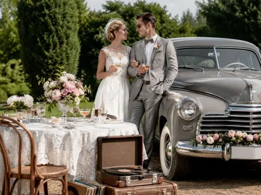 Para młoda w stylu retro przy stole z kwiatami i starym samochodem. Wesele w stylu retro z winylowym gramofonem.