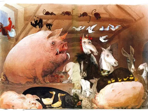 La fattoria degli animali, un'allegoria della rivoluzione russa, mostra maiali, cavalli, galline e altri animali in una stalla.