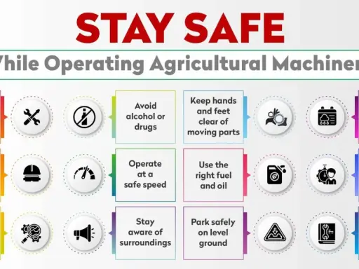Infographic detailing machine safety tips for operating agricultural machinery, including knowing equipment, wearing gear, and following guidelines.