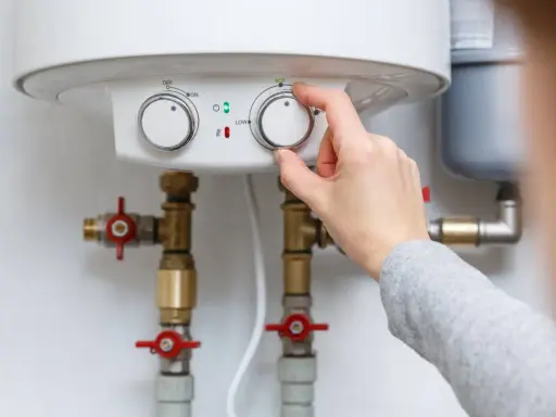 Main d'une personne ajustant le thermostat d'un chauffe-eau, contrôlant la pression de l'eau et la température.