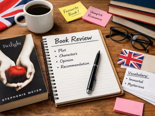 Kawa, książka "Zmierzch", notatnik "Book Review" i karteczki z napisem "Vampire Romance". Idealne miejsce na krótkie opowiadanie po angielsku.