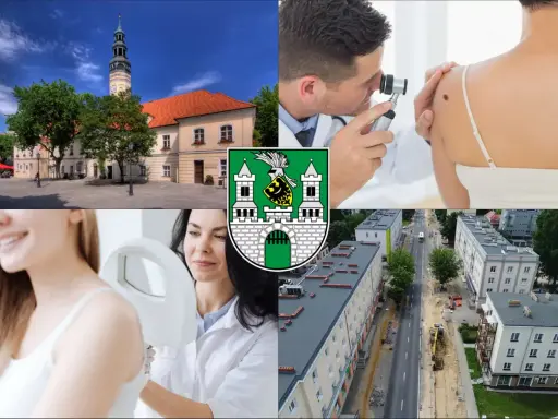 Kolaż: ratusz, dermatolog badający znamię, herb miasta, badanie skóry, ulica w budowie.