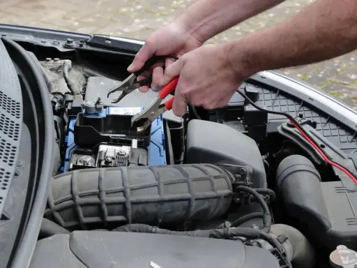 Ręce podłączają kable rozruchowe do akumulatora, próbując rozwiązać problem, dlaczego auto nie odpala.
