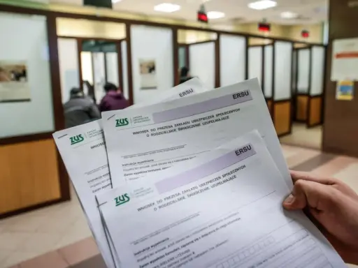 Dłoń trzyma formularze ZUS dotyczące wniosku o rodzicielskie świadczenie uzupełniające. To krok do ponownego przeliczenia emerytury ze względu na długość życia.
