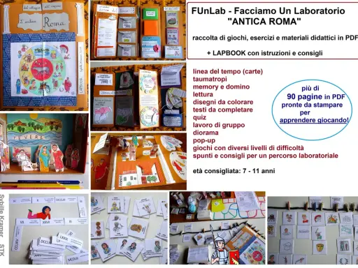 Collage of Roman civilization lapbook and craft projects, including a diorama, cards, and cutouts.