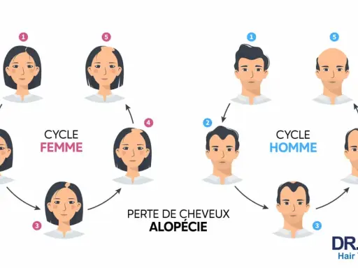Illustration du cycle de perte de cheveux chez l'homme et la femme, montrant l'impact de la dht hormone sur l'alopécie.
