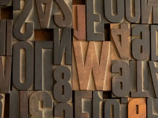 Drewniane czcionki, w tym litery z polskimi znakami, tworzą teksturę przypominającą klasyczny druk. Widać literę "W" w stylu Helvetica.