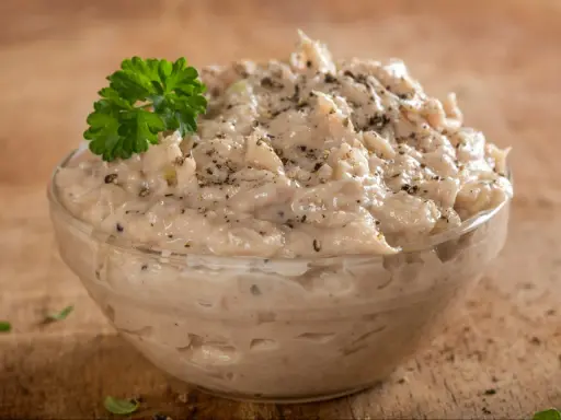 Pyszna pasta z tuńczyka w szklanej miseczce, doprawiona pieprzem i udekorowana gałązką natki pietruszki. Idealna na kanapki.