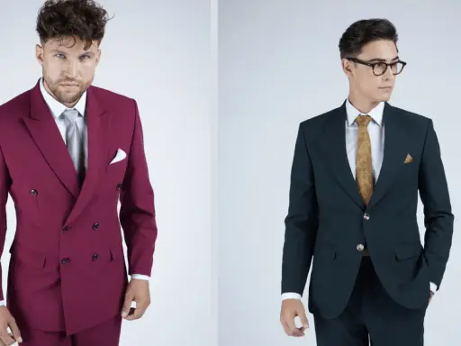 Two men in suits. Left: burgundy double vs single breasted coat. Right: dark green single breasted coat.