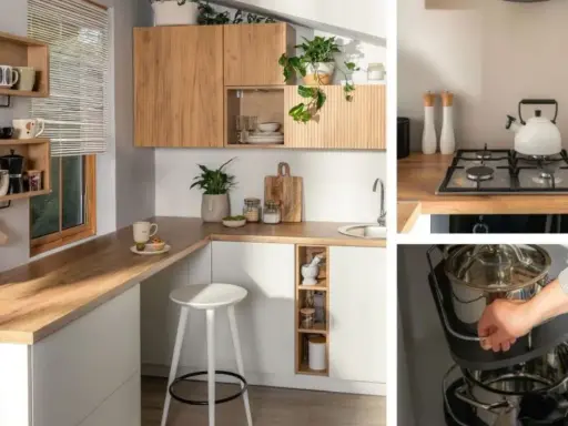 Nowoczesny projekt kuchni gastronomicznej z drewnianymi elementami, funkcjonalnymi półkami i praktycznym systemem przechowywania garnków.