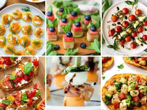 Idealne przekąski na ognisko: mini tartinki z łososiem, szaszłyki z arbuza i ogórka, caprese na patyku, bruschetty, melon z mozzarellą i szynką, quesadillas.