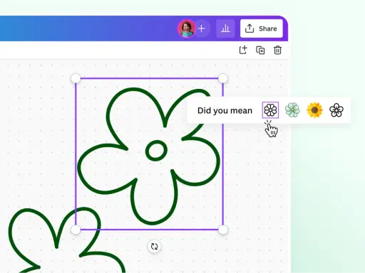 Interfaccia di disegno online. Suggerimento "Did you mean" con diverse opzioni di fiori.