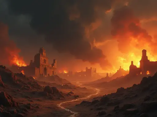 Ruiny miast płoną w ogniu, niebo zasnute dymem. Scena przypomina biblijną Sodomę i Gomorę, zniszczone przez gniew Boży.