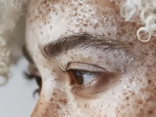 Zbliżenie na twarz z widocznym **vitiligo**, gdzie plamy depigmentacji przeplatają się z piegami. Jasne, kręcone włosy otaczają twarz.