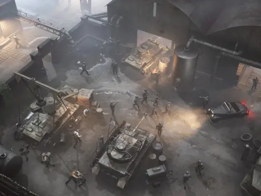 Scena wojenna z czołgami i żołnierzami, jakby z gry "War Mongrels". Wszędzie chaos i ruch.