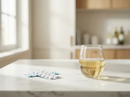 Na blacie leżą tabletki w blistrach, obok kieliszek białego wina. Amotaks i alkohol – niebezpieczne połączenie.