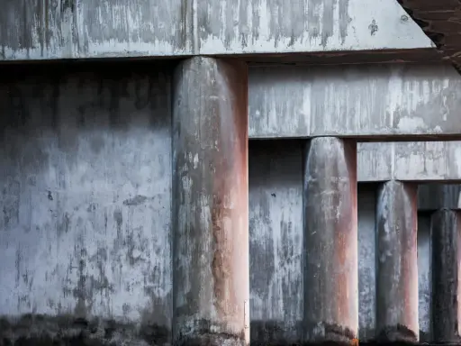 Columnas de hormigón con textura rugosa y marcas de agua, parte de un forjado de hormigón.