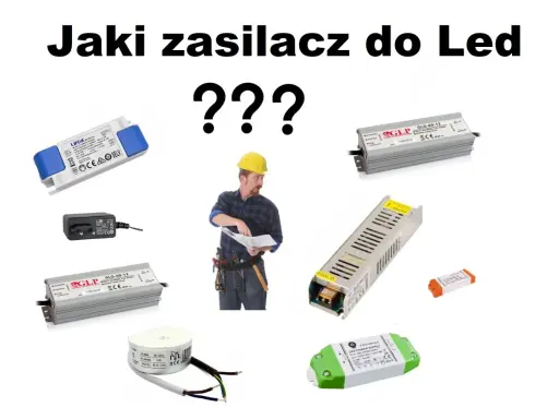 Jaki transformator do LED? Elektryk z żółtym kaskiem analizuje różne zasilacze, szukając najlepszego rozwiązania.