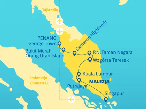 Mapa pokazuje trasę podróży przez Malezję, od Tajlandii po Singapur. Widać Penang, Kuala Lumpur i gdzie leży Singapur.