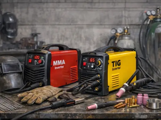 Dos máquinas de soldar, una roja MMA y una amarilla TIG, son ejemplos de qué es un soldador inverter. Incluyen equipo de soldadura y cascos.