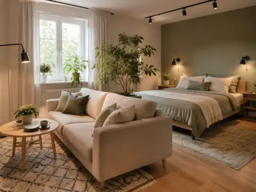 Przytulny salon z sypialnią. Jasna kanapa, okrągły stolik kawowy i duże łóżko tworzą idealne miejsce do relaksu.