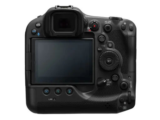 Tył profesjonalnego aparatu r3 canon z ekranem LCD, wizjerem i licznymi przyciskami sterującymi.