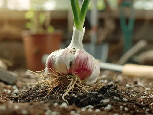 Une tête d'ail germée, prête pour la plantation. Le moment idéal pour savoir quand planter l'ail est maintenant, pour une récolte savoureuse.