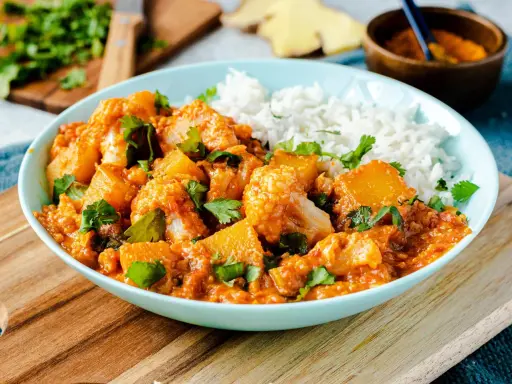 Herzhaftes Aloo Gobi mit Blumenkohl und Kartoffeln in würziger Tomatensauce, garniert mit Koriander und serviert mit Reis.