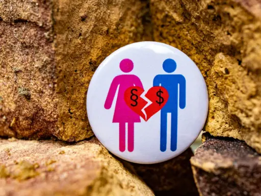 Symboliczne rozstanie pary, gdzie serce podzielone jest na paragraf i dolara. Rozwód z obcokrajowcem bywa skomplikowany prawnie i finansowo.