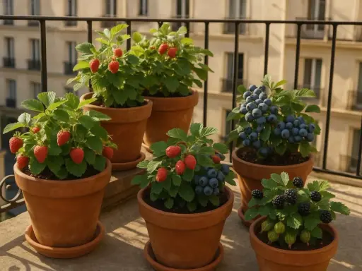 Un balcon parisien orné de framboisiers en pot, de fraises, myrtilles et groseilles, promettant une récolte gourmande.