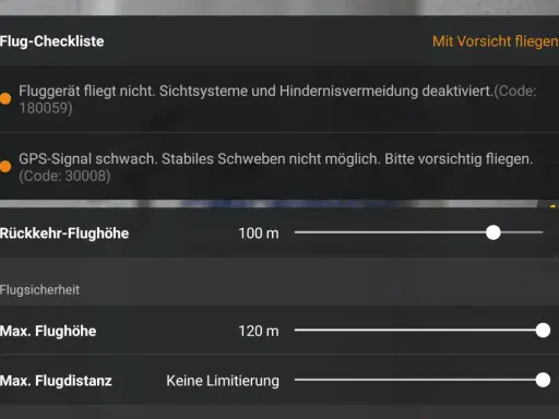 Flug-Checkliste in der DJI Fly App: Fluggerät fliegt nicht, GPS-Signal schwach. Bitte vorsichtig fliegen.