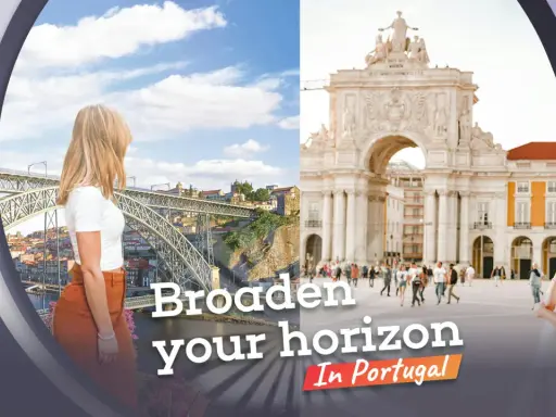 Frauen blicken auf die Brücke in Porto und den Triumphbogen in Lissabon. Entdecke Portugal!
