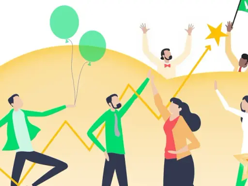 Teamwork en succes: een groep mensen viert successen met ballonnen, sterren en een vlag. De **karakter methode** wordt hier visueel weergegeven.