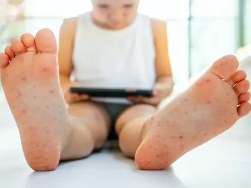 Małe czerwone kropki na stopach dziecka, które mogą wskazywać na wysypkę. Dziecko siedzi, trzymając tablet.