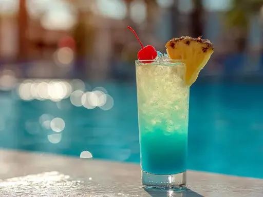 En blå och gul drink med körsbär och ananas står vid en pool. Perfekt för en solig dag.