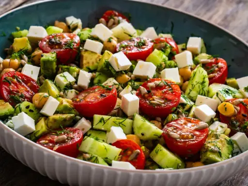 Salade colorée avec tomates, avocat, concombre, pois chiches et cubes de feta. Une recette fraîche et légère, parfaite pour un repas d'été.