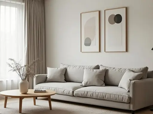 En ljus soffa med kuddar, ett runt träbord med en vas och en golvlampa. Två abstrakta tavlor på väggen bidrar till den minimalistiska inredningen.