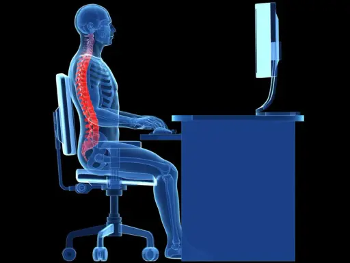 Illustration d'une colonne vertébrale rouge sur un squelette bleu assis à un bureau. L'ergonome définit la posture idéale pour éviter les douleurs.