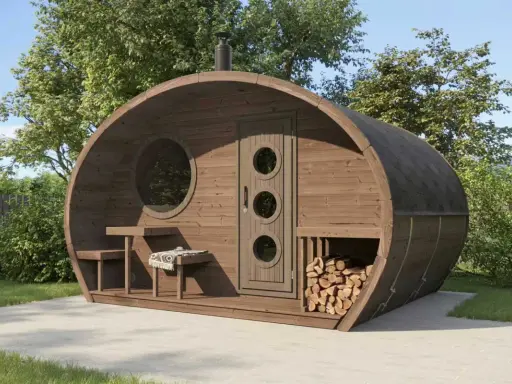 Fasssauna aus thermisch modifiziertem Holz mit runden Fenstern und Holzstapel.