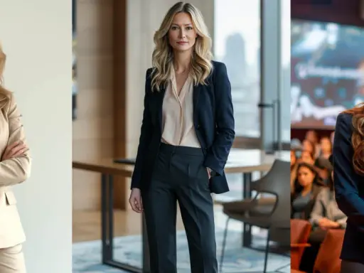 Three women exude confidence in stylish power dressing for women. One stands in a tan suit, another in a navy blazer, and the third in a navy suit addressing an audience.