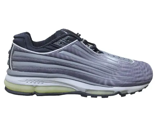 Szary but sportowy Nike Air Max z widoczną poduszką powietrzną. Klasyczne, **nike air max stare modele** w nowoczesnym wydaniu.