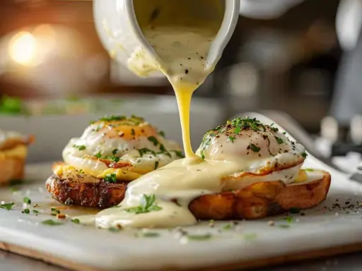 Un filet de sauce hollandaise onctueuse nappe des œufs pochés sur du pain grillé, un délice matinal.