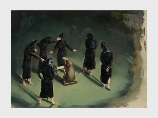 A group of figures in black robes gather around a taxidermied beaver in this unsettling painting by Michael Borremans.